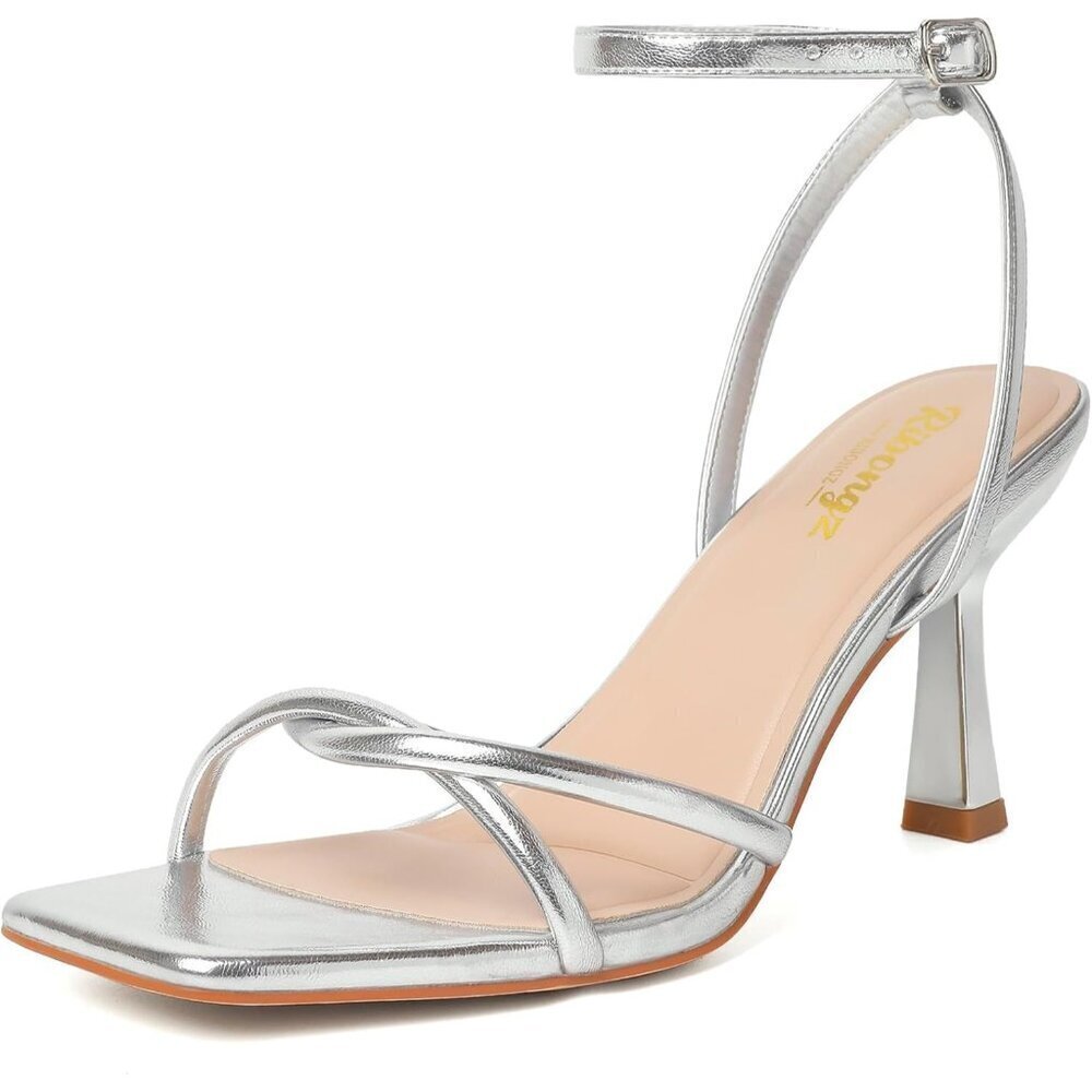 Women's Silver Square Open Toe Kitten Strappy Ankle Strap Heeled Sandals Shoes